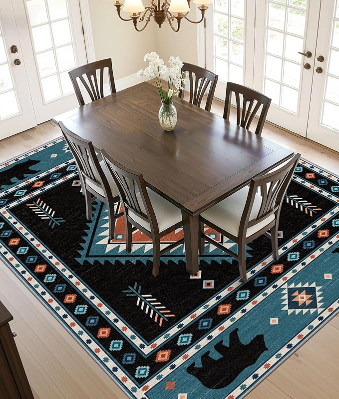Native Amrican Rug 5x7 - Southwestern Bear Cabin Area Rugs for Living Room Bedroom, Rustic Boho Machine Washable | Non-Slip | Soft Large Carpets, Southwest Home Decor (Teal Orange Black)