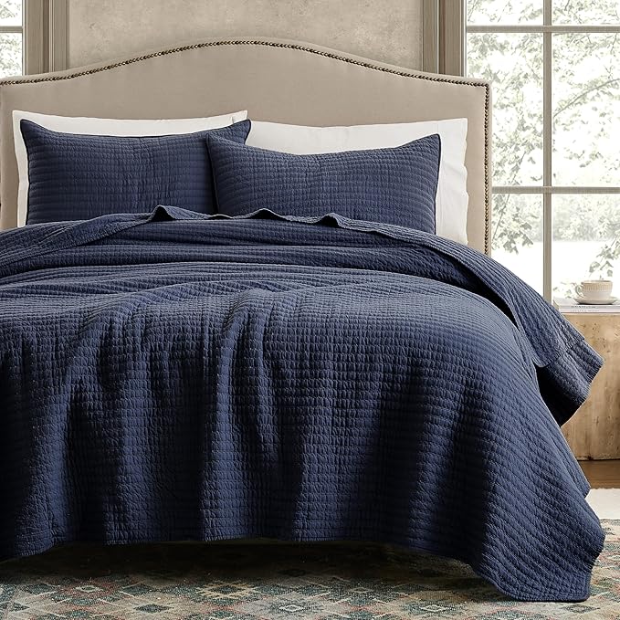 WDCOZY 100% Cotton Twin Size Quilt Set - Navy Blue Striped Pick Stitch Soft Lightweight Bedspread, Textured Like Linen, Farmhouse Country Rustic Coverlet, Shabby Chic Gauze Bedding, 2 Pieces