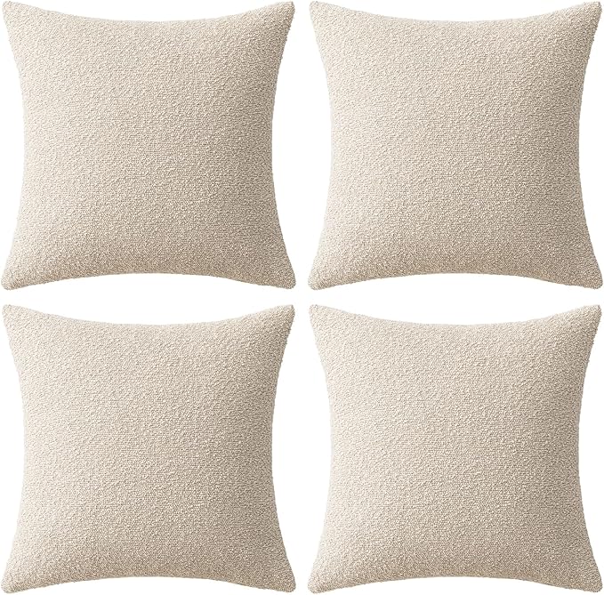 MIULEE Pack of 4 Decorative Textured Boucle Throw Pillow Covers 18x18 Inch Beige Accent Solid Pillow Cases Soft Couch Cushion Covers for Modern Farmhouse Boho Chair Sofa Bed Livingroom Home Decor