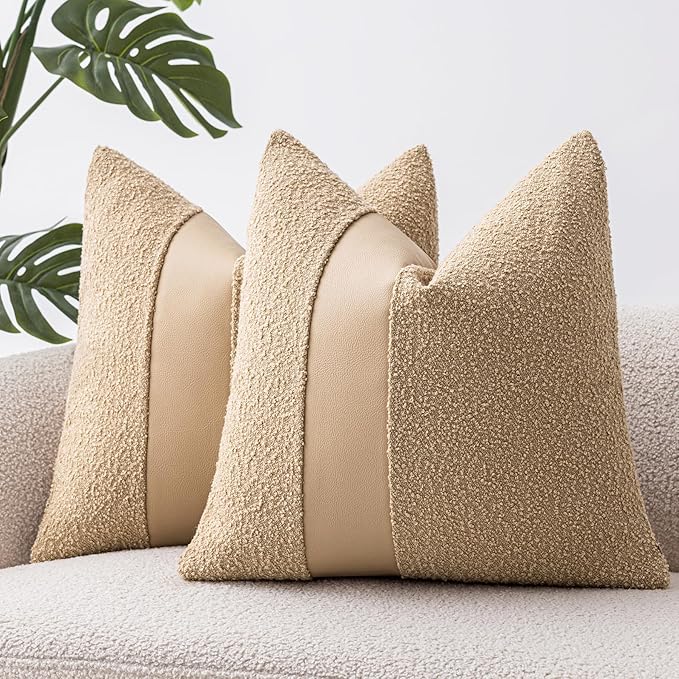20"x20" Khaki Boucle Throw Pillow Covers with Faux Leather Accents Set of 2 Fluffy Textured Decorative Pillow Cases for Couch Bed Boho Farmhouse Square Cushion Covers for Nordic Home Décor