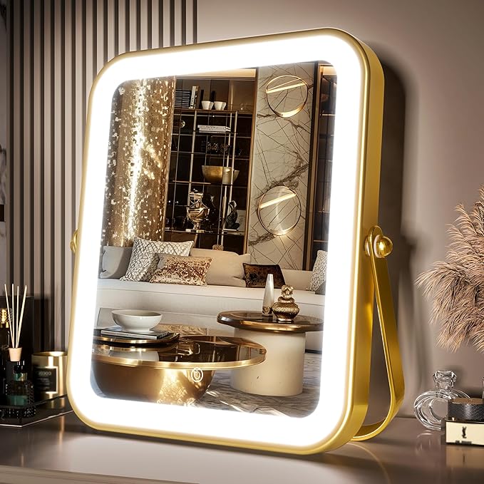 PRIMETEK Vanity Mirror with Lights, 10"x8" LED Lighted Makeup Mirror, Portable Makeup Mirror with Lights, Touch Screen, 3-Color Lighting, for Vanity Desk Tabletop, Bedroom