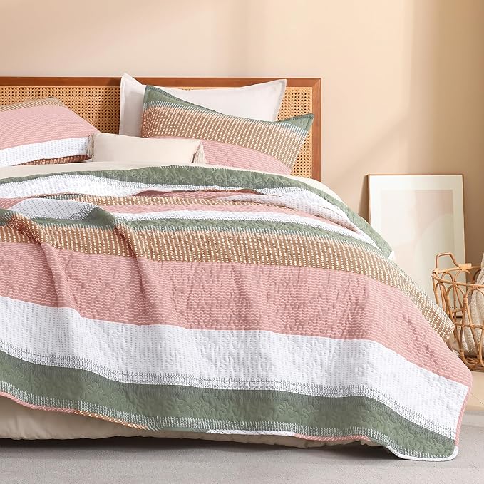 Litanika Quilt Queen Size Pink, Green and White, Orange Stripe Patchwork Summer Bedspread Coverlet 3 Pieces, Soft Lightweight Microfiber Comforter Bedding Set for All Season(1 Quilt, 2 Pillowcases)