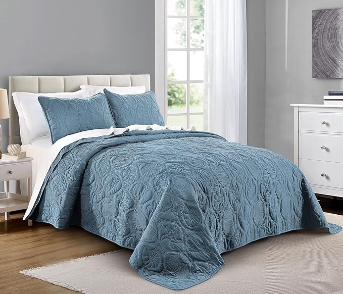 Pure Bedding Quilt Set Full/Queen Size Ash Blue - Oversized Bedspread - Soft Microfiber Coverlet for All Season - Includes 1 Quilt and 2 Shams, Ocean Star Pattern