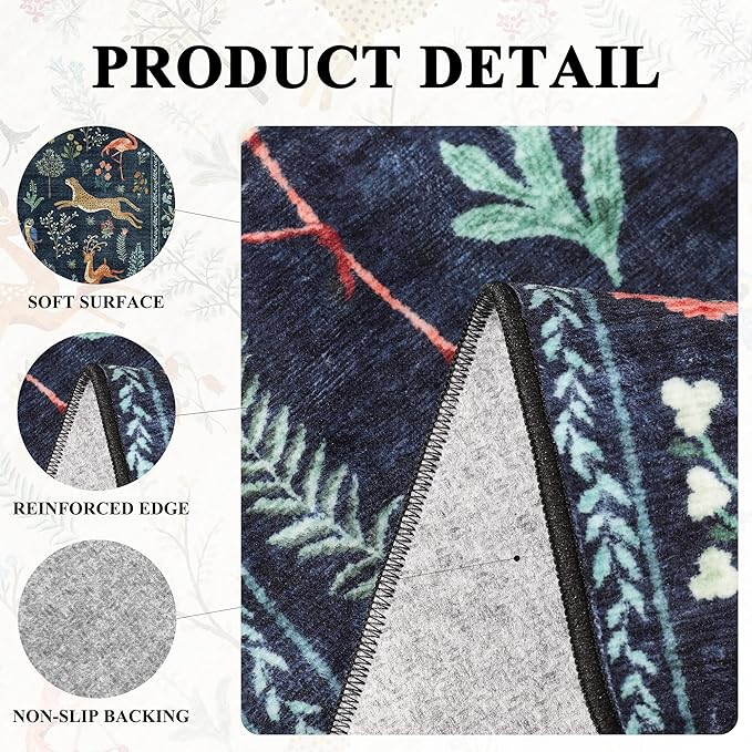 DUKINO 2x10 Rug for Hallway, Washable Kitchen Runner Rug with Non Slip Backing, Soft Low Pile Vintage Animal Runner for Bedroom, Kitchen, Hallway, Entryway, Laundry, Navy Blue