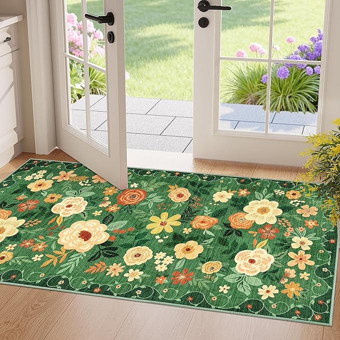 DUKINO 2x4 Rug for Entryway, Washable Kitchen Floral Runner Rug with Non Slip Backing, Low Pile Soft Boho Carpet for Kitchen, Hallway, Entryway, Laundry, Bedroom, Dark Green