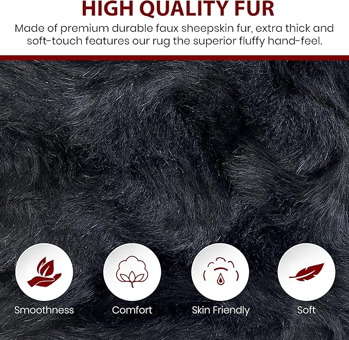 LAMBZY Faux Sheepskin Super Soft Hypoallergenic Silky Shag Rug for Living Room, Kids Room, Sofa (5 Pelts Side by Side 3'x10', Black)