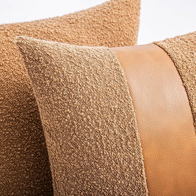 20"x20" Tobacco Boucle Throw Pillow Covers with Faux Leather Accents Set of 2 Fluffy Textured Decorative Pillow Cases for Couch Bed Boho Farmhouse Square Cushion Covers for Nordic Home Décor