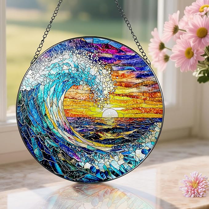 Stained Glass Window Hanging, Pauyadu 8 Inch Sea Waves Stained Glass Suncatcher, Sunset on The Beach Window Decor, Gift for Beach Lovers, Natural Gifts, Christmas, Mother's Day, Housewarming Gifts