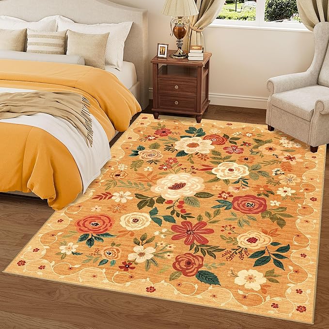 DUKINO 5x7 Area Rug, Floral Rugs for Living Room, Lightweight Non Slip Washable Rug, Indoor Low Pile & Non-Shedding Boho Design Rugs for Bedroom, Living Room, Dining Room, Orange