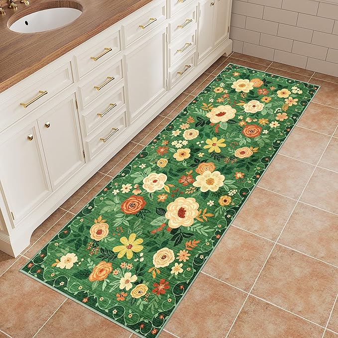 DUKINO 2x5 Runner Rug for Hallway, Washable Kitchen Floral Runner Rug with Non Slip Backing, Low Pile Soft Boho Carpet for Kitchen, Hallway, Entryway, Laundry, Bedroom, Dark Green