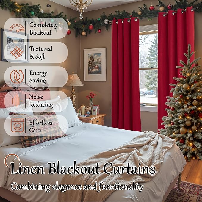 Lajode Red 100% Linen Blackout Curtains for Winter Christmas Decor 95 Inch Long 52 Wide, Extra Long Thermal Insulated Light Blocking Linen Curtains, Window Drape Each 52x95 Inch 2 Panels