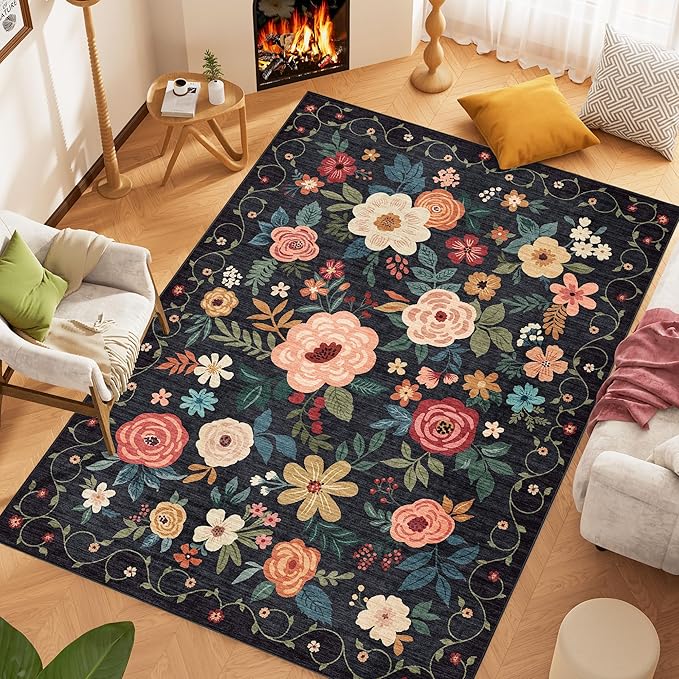 DUKINO 9x12 Area Rug, Floral Rugs for Living Room, Lightweight Non Slip Washable Rug, Indoor Low Pile & Non-Shedding Boho Design Rugs for Bedroom, Living Room, Dining Room, Black