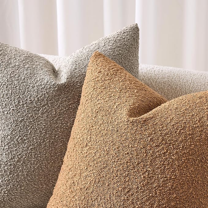 ANRODUO Pack of 2 Textured Boucle Throw Pillow Covers Soft Tobacco Brown Euro Decorative Accent Solid Pillow Cases Cozy Modern Couch Cushion Case for Sofa Bedroom Living Room Home Decor, 24 x 24 Inch
