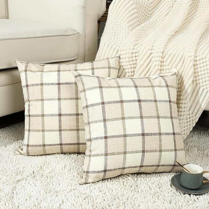 Stellhome Fall Linen Buffalo Check Throw Pillow Covers, Autumn Farmhouse Plaid Decorative Cushion Covers for Couch Sofa Living Room, Pack of 2, 18x18 Inch, Beige