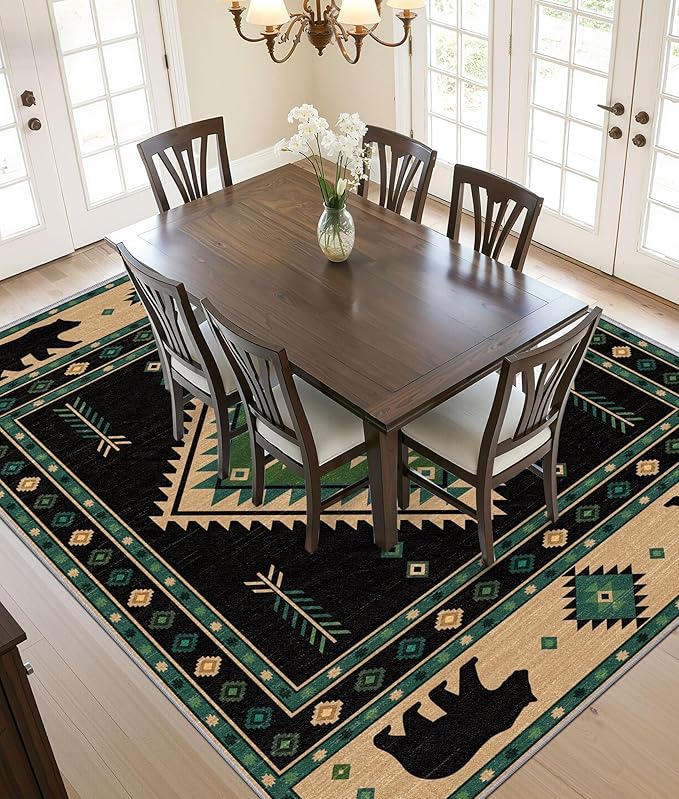 Southwestern Rug 7x10 - Native American Bear Cabin Area Rugs for Living Room Bedroom, Rustic Tribal Machine Washable | Non-Slip | Soft Large Carpets, Aztec Room Decor (Green Tan Black)