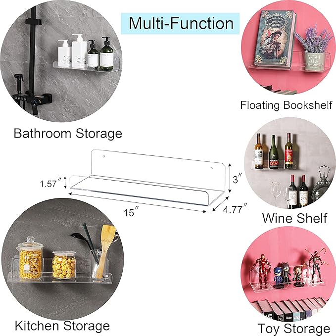 Sooyee Acrylic Shelves,8 Pack 15 Inch Floating Wall Mounted Shelves, Funko Pop Display Case,Invisible Kids Book Shelf,Picture Ledge Shelf Decor Accents,Bathroom Shelf,Clear