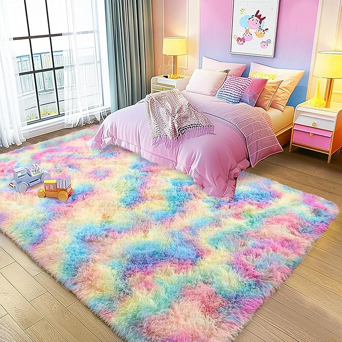 Ultra Fluffy Rug for Living Room Bedroom, 5x7 Fuzzy Large Area Rug for Living Room, Plush Soft Shag Carpet for Girl Boy Kids, Non Slip Rug Modern Indoor Home Decor Aesthetic, Rainbow