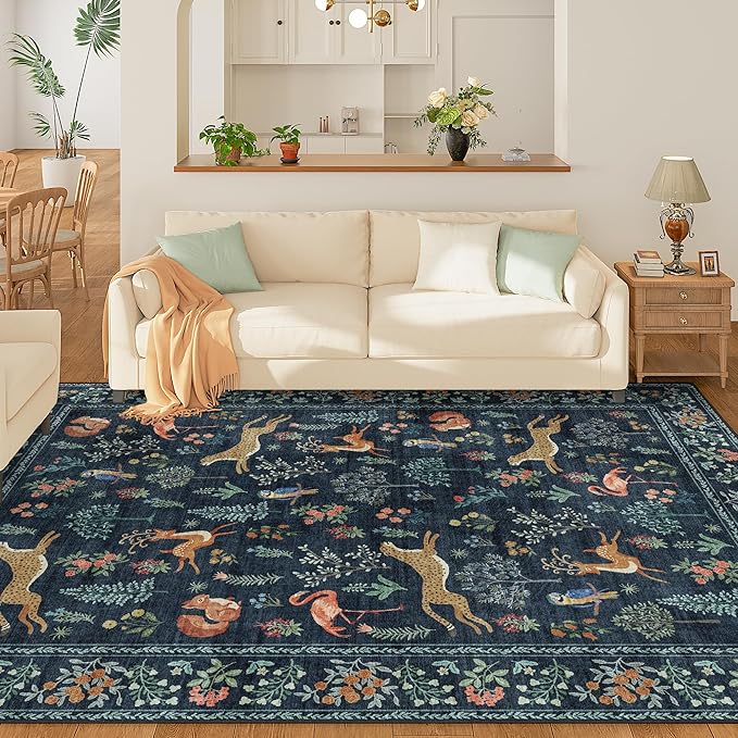 DUKINO 6x9 Rug, Washable Animal Living Room Rug with Non Slip Vintage Design, Soft Low Pile Large Carpet for Bedroom, Nursery, Dining Room, Farmhouse, Playroom, Navy Blue