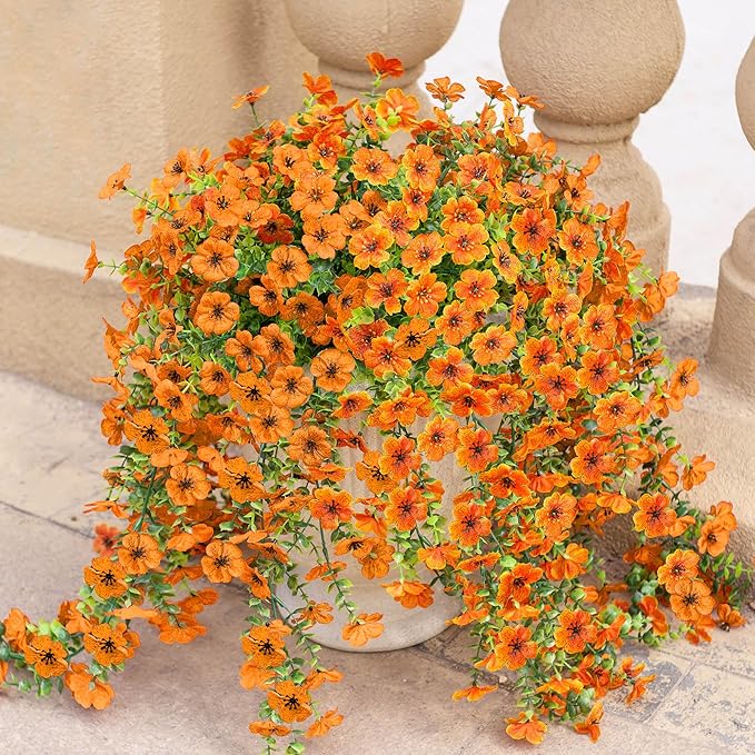 Fake Mums Artificial Hanging Flowers for Outdoor Fall Decoration, 2 PCS Silk Daisy Flower Realistic Faux Plants UV Resistant for Porch Patio Window Yard Outside Autumn Decor(Orange)