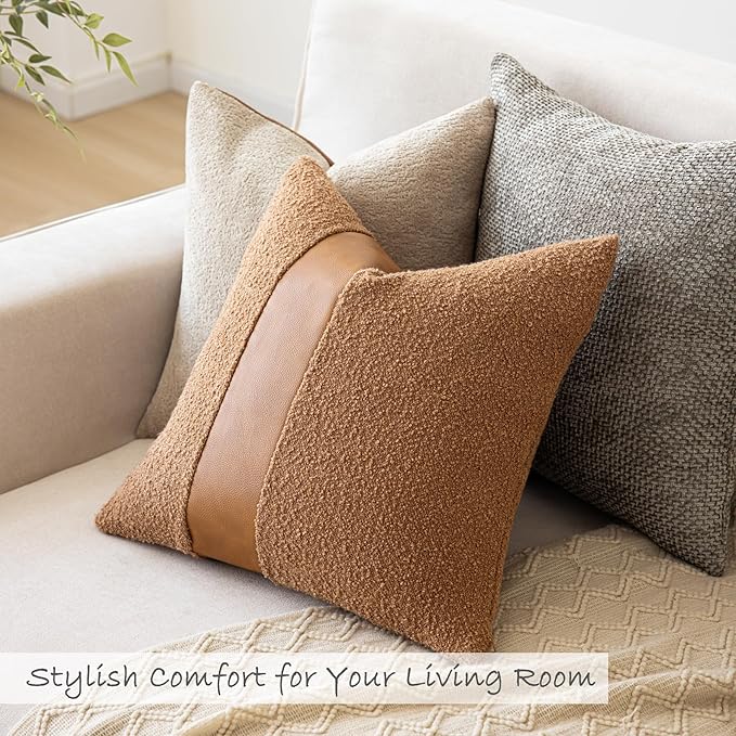 24"x24" Tobacco Boucle Pillow Covers with Faux Leather Accents Set of 2 Fluffy Textured Decorative Throw Pillow Cases for Couch Bed Boho Farmhouse Square Cushion Covers for Home Décor