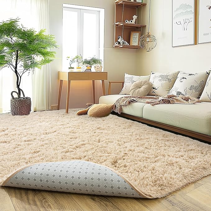 Ultra Fluffy Area Rugs for Living Room Bedroom, 6x9 Fuzzy Large Living Room Rugs, Thick Shag Rug for Dorm, Soft Non Slip Kids Girls Boys Rug for Home Decor Aesthetic, Camel