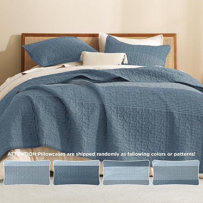 Litanika Oversized King Quilt Set Blue Linen, 120x98 Stripe Bedspread Coverlet 3 Pieces, Blue Linen Lightweight Quilted Bedding Set for All Season(Oversized King-1 Quilt, 2 Pillowcases)