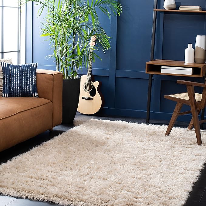 SAFAVIEH Faux Sheep Skin Collection 5' x 7' Beige FSS235K Silken Glam 2.35-inch Thick Area Rug