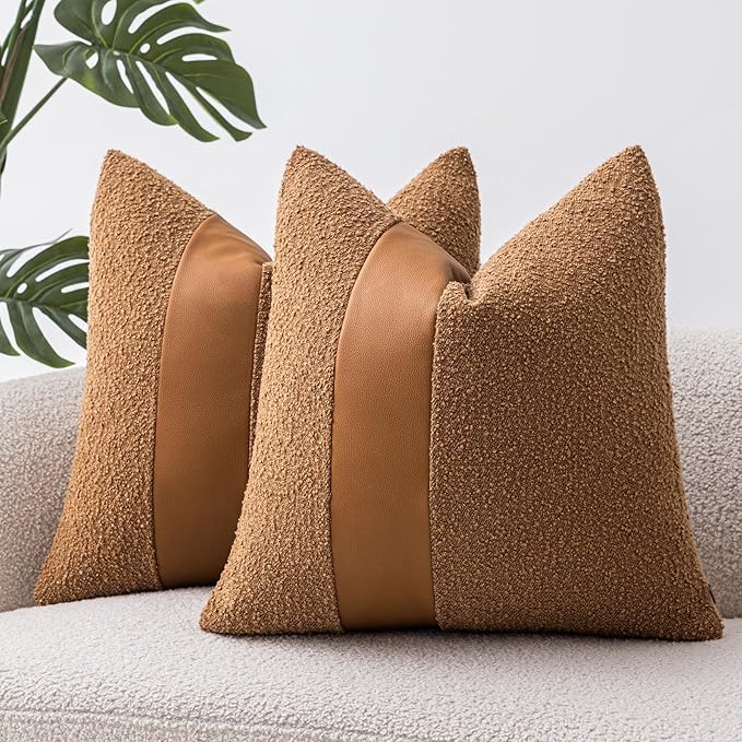 20"x20" Tobacco Boucle Throw Pillow Covers with Faux Leather Accents Set of 2 Fluffy Textured Decorative Pillow Cases for Couch Bed Boho Farmhouse Square Cushion Covers for Nordic Home Décor