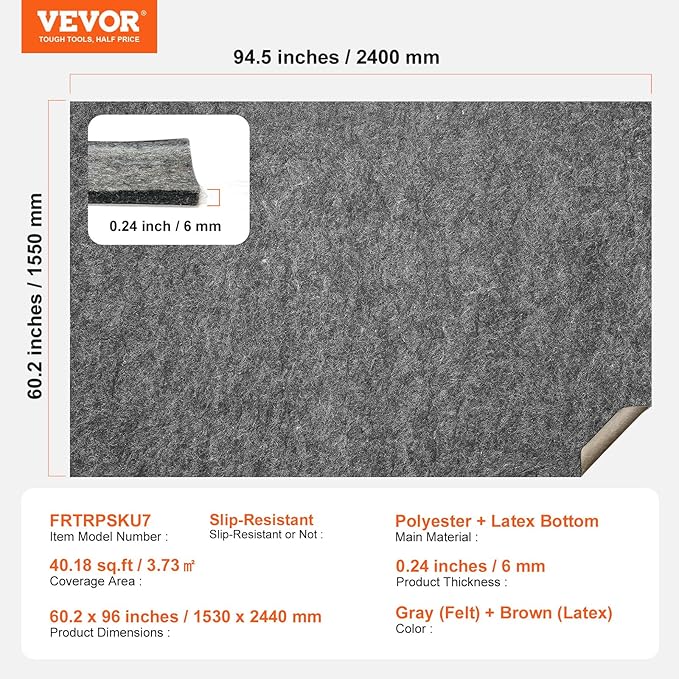 VEVOR - Slip-Resistant Rug Pad - Protective Cushioning Carpet Pad - 5' x 8' - 1/4" Thick - Dual Surface - Polyester Felt + Latex - Gray - 3-4㎡ Area Carpet Padding Rug Cushion Safe for All Floors