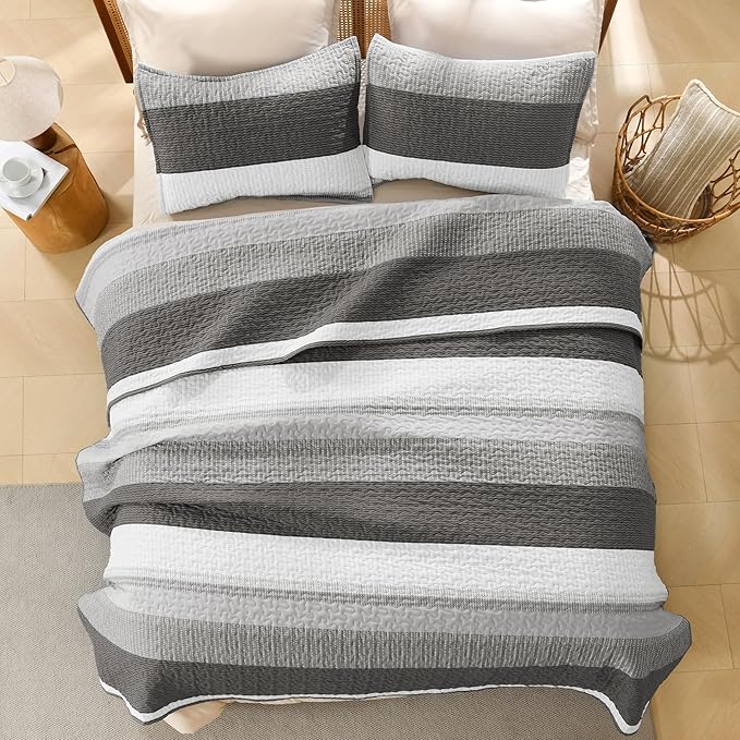 Litanika California King Quilt Set Dark Grey - Cal King Oversized Stripe Comforter Bedspreads & Coverlets - Soft Lightweight Quilted Bedding Set for All Season(1 Quilt, 2 Pillowcases)