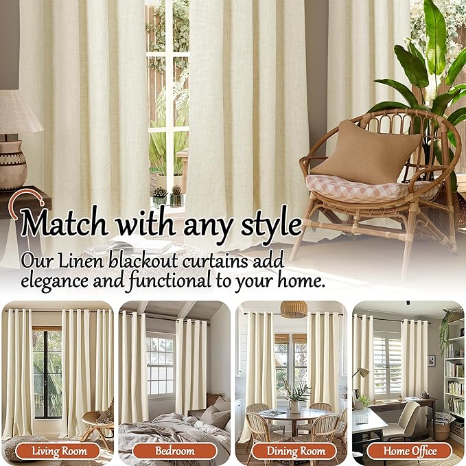 Lajode 40 Inch Length Linen Blackout Curtains for Short Cafe Window, Thermal Insulated Light Blocking Soundproof Privacy Burlap Curtains 2 Panels, Each 38 Inch Wide Cream