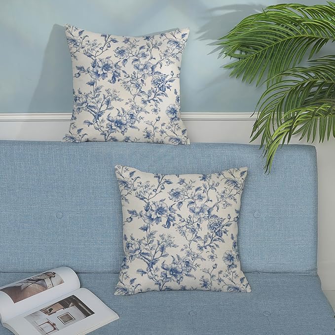 Blue Pillow Covers 16x16 Set of 2 Blue and Cream Floral Chinoiserie Throw Pillows Vintage Rustic Toile Flower Decorative Pillow Cases Outdoor Chinoiserie Decor Cushion Case for Couch Bed Sofa