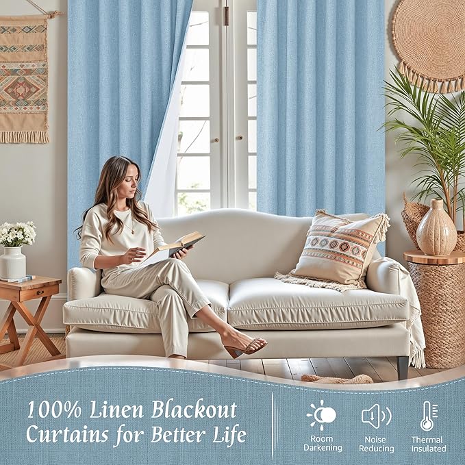 LAMIT Full Blackout Window Curtains for Boy Bedroom, 54 Inches Thermal Farmhouse Curtains Back Tab and Rod Pocket Privacy Protected Panels with White Liner, 2 Panels, 52 x 54 Inch, Stone Blue