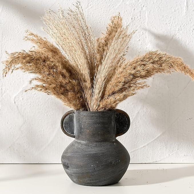 Antique Ceramic Vase with 2 Handles, 6.1 Inch Farmhouse Rustic Vase, Small Decorative Pottery Flower Vases for Home Decor, Wedding, Living Room, Table, Shelf Decor, Black Bronze