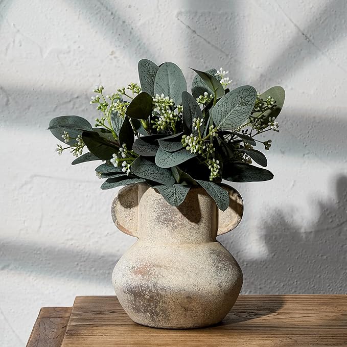 Antique Ceramic Vase with 2 Handles, 6.1 Inch Farmhouse Rustic Vase, Small Decorative Pottery Flower Vases for Home Decor, Wedding, Living Room, Table, Shelf Decor, Terra