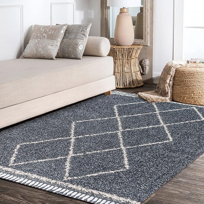 JONATHAN Y Mercer Shag Plush Tassel Denim Blue/Cream Indoor Area Rug, 5x8, Moroccan Geometric Trellis, Bohemian, Easy-Cleaning for Living Room, Bedroom, Kitchen, Non-Shedding (MCR103A-5)
