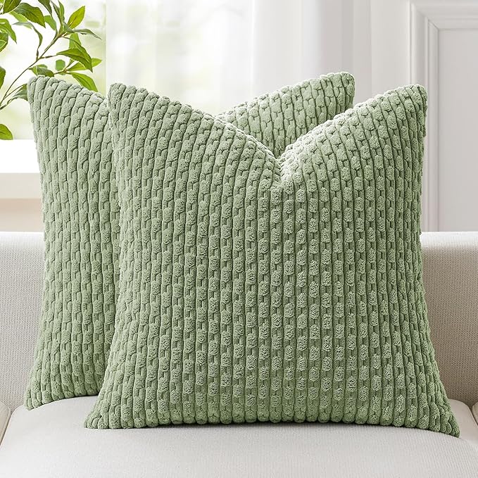 Kevin Textile Spring Euro Sham Pillow Covers 28x28 Inch 2 Packs Soft Boho Striped Corduroy Decorative Throw Pillows for Living Room Couch Bed Sofa Rustic Farmhouse Home Decor 71x71cm Sage Green