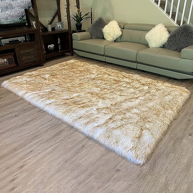 LAMBZY High Pile Super Soft Faux Sheepskin Rug (10'x13', White/Brown Tips)