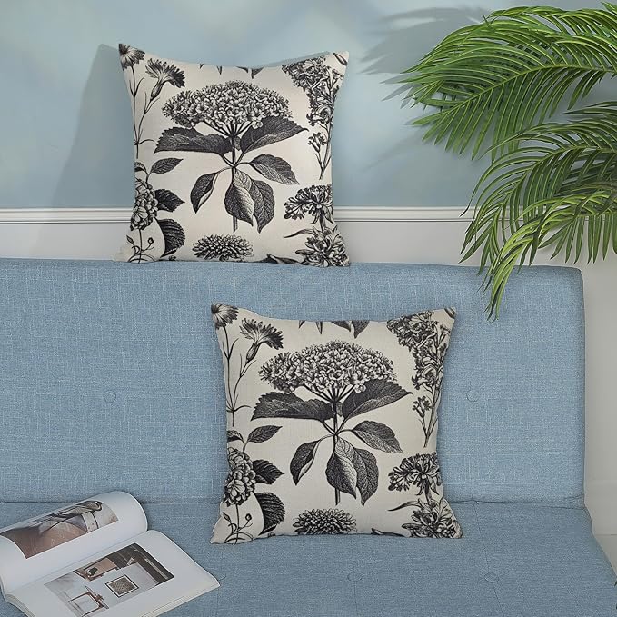 Black Pillow Covers 18x18 Set of 2 Vintage Boho Floral Hydrangea Herbs Botanical Throw Pillow Cover Outdoor Flower Decoration Pillowcase Linen Farmhouse Cushion Case Decorative for Couch Sofa