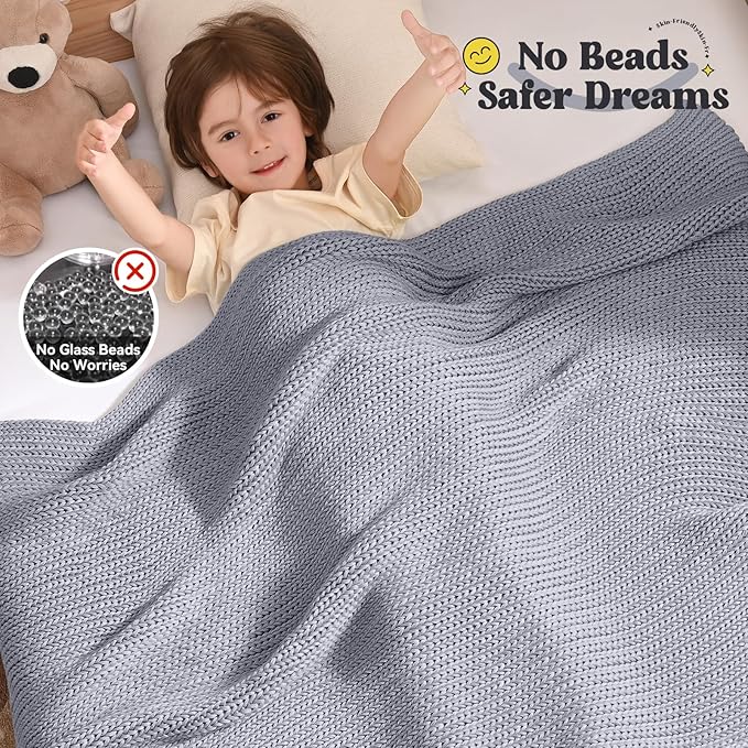 Guohaoi Knitted Weighted Blanket Kids (Light Grey 50"x60" 7lbs) No Beads Cooling Heavy Blanket, Home Decor Breathable Chunky Knit Throw Blanket for All-Season Use