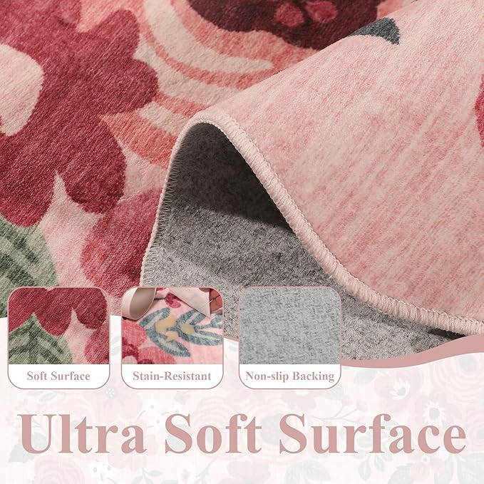 DUKINO 2.6x8 Runner Rug for Hallway, Washable Kitchen Rug with Non Slip Backing & Non-Shediing, Soft Low Pile Floral Design Runner for Bedroom, Kithchen, Living Room, Laundry, Bathroom, Pink
