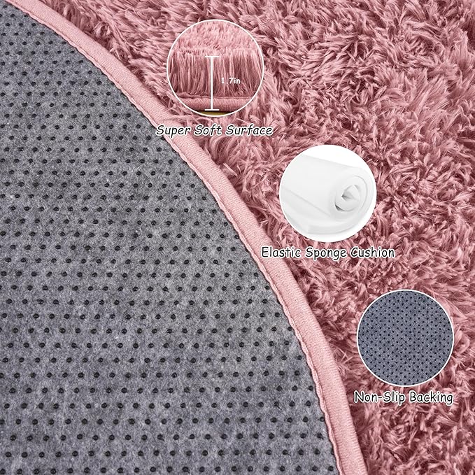 Round Fluffy Rugs 5Ft for Girls Bedroom, Blush Pink Shag Circle Kids Rug Non-Slip for Bedside Dorm Nursery Playroom, Soft Cute Area Rugs for Living Room Decor