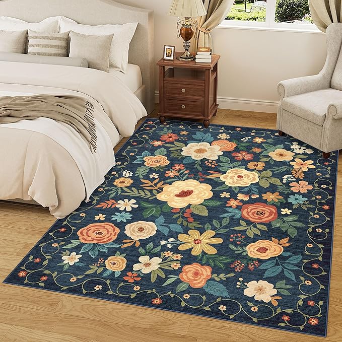 DUKINO 6x9 Area Rug, Floral Rugs for Living Room, Lightweight Non Slip Washable Rug, Indoor Low Pile & Non-Shedding Boho Design Rugs for Bedroom, Living Room, Dining Room, Dark Blue