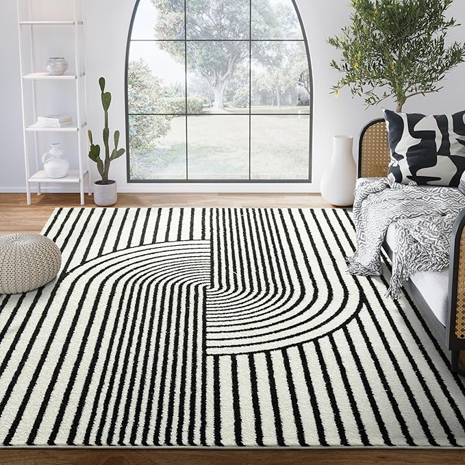 Abani Nuevo Collection Area Rug - Mid-Century Black and White Arch Knot Design - 8' x 10' - for Living Room, Bedroom & Office