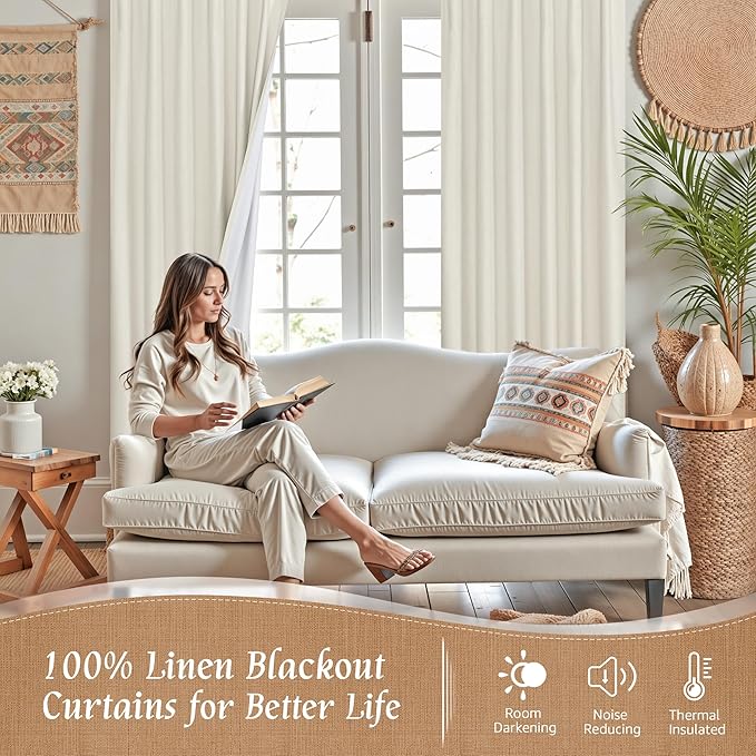 LAMIT Natural 100% Blackout Linen Curtains, 45 Inches Linen Textured Thermal Bedroom Curtains Back Tab and Rod Pocket Neutral Panels with White Liner for Farmhouse, 2 Panels, 42 x 45 Inch, Ivory