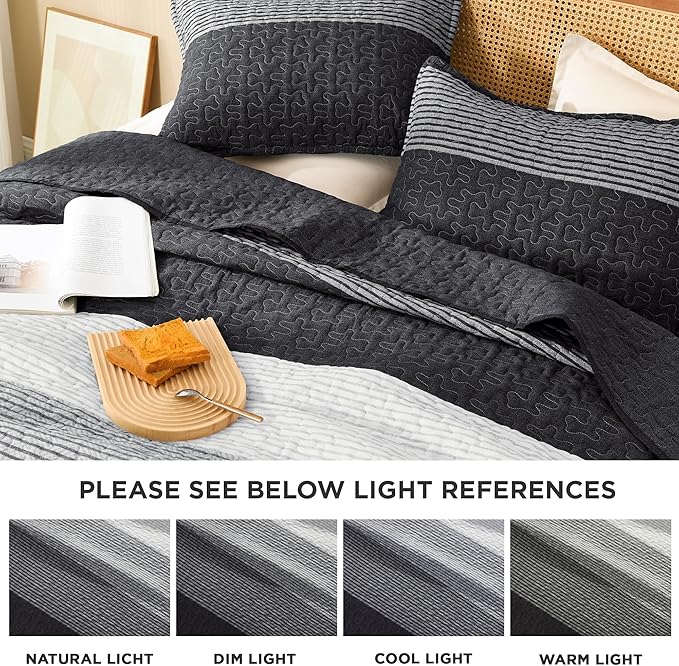 Litanika Oversized Queen Quilt Set Black and White, 98x98 Stripe Bedspread Coverlet 3 Pieces, Black and White Lightweight Quilted Bedding Set for All Season(Oversized Queen-1 Quilt, 2 Pillowcases)