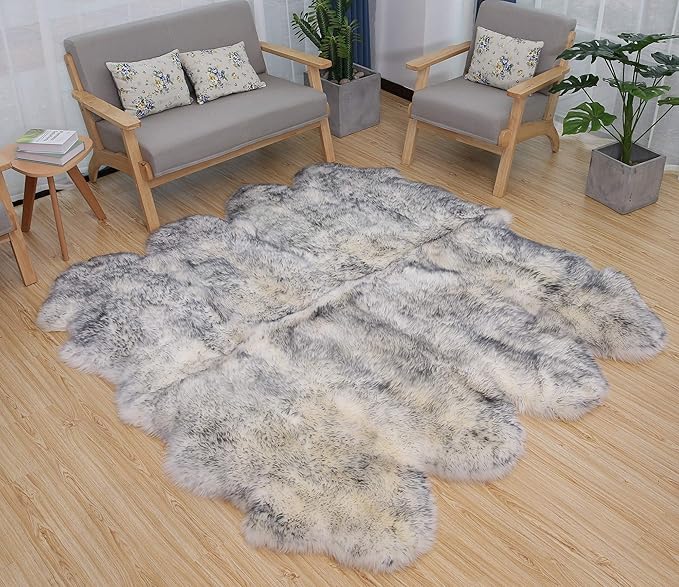 HUAHOO Premium Genuine Sheepskin Rug White Gray Real Australia Sheepskin Natural Lambskin Fur Area Rug Seat Covers for Kids Bedroom Sofa Chair Cover Pets Dogs Mat Eight Pelt / 6.2' x 7' Wolf Tip