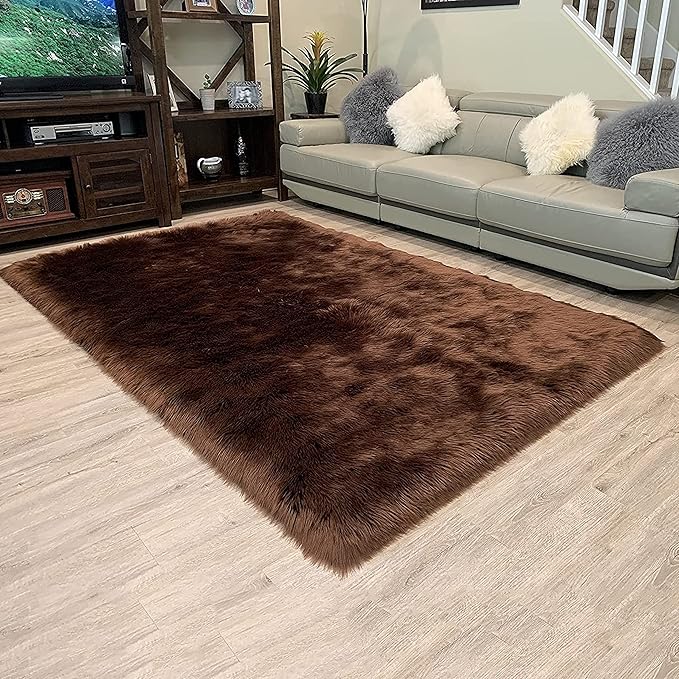 LAMBZY High Pile Super Soft Faux Sheepskin Rug (5'x8', Brown)