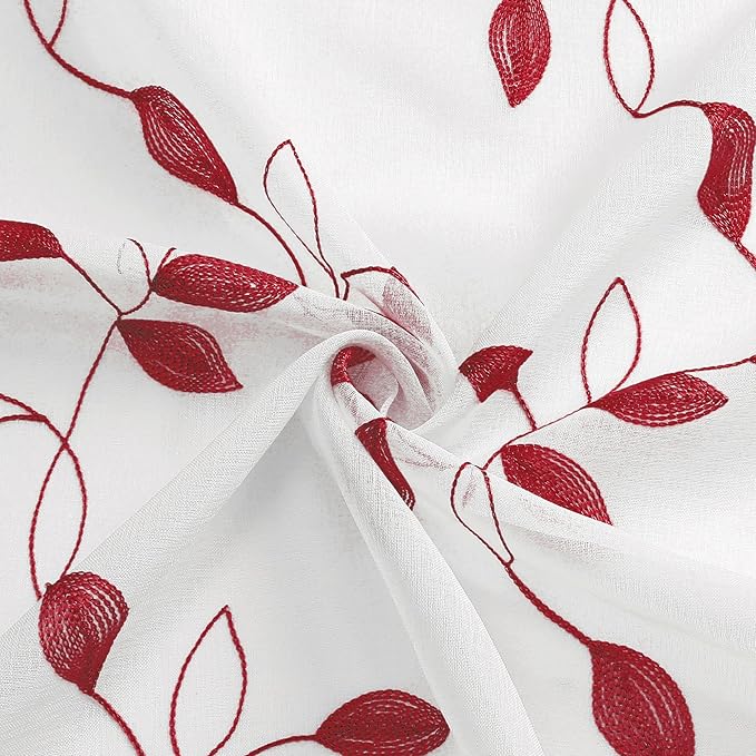 Tollpiz Burgundy Red Leaf Sheer Curtain Leaves Embroidered Living Room Short Curtains Rod Pocket Voile Window Treatment for Bedroom, 54 x 54 inches Long, Set of 2 Panels