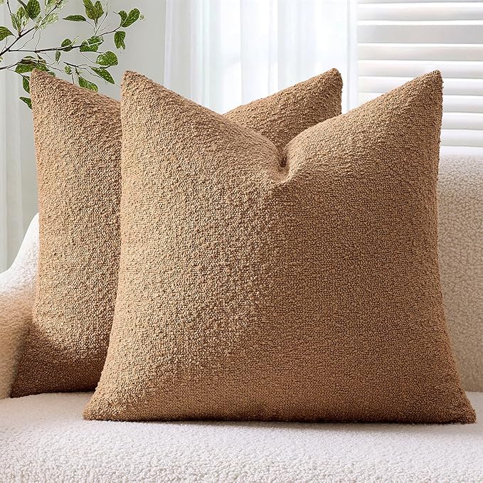ANRODUO Pack of 2 Textured Boucle Throw Pillow Covers Soft Tobacco Brown Decorative Accent Solid Pillow Cases Cozy Modern Couch Cushion Case for Chair Sofa Bedroom Living Room Home Decor, 20 x 20 Inch